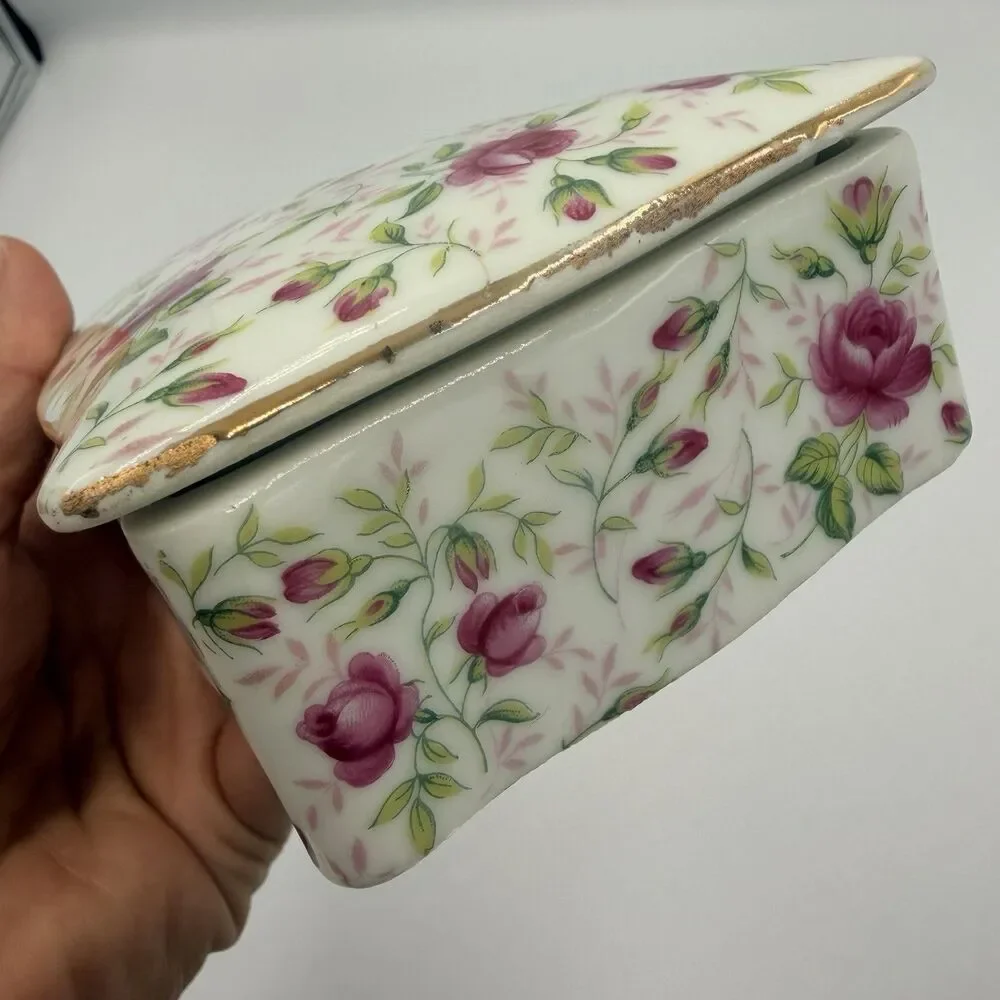 Lefton Rose Chintz Trinket Jewelry Box 2 Nesting Vintage Dishes Japan